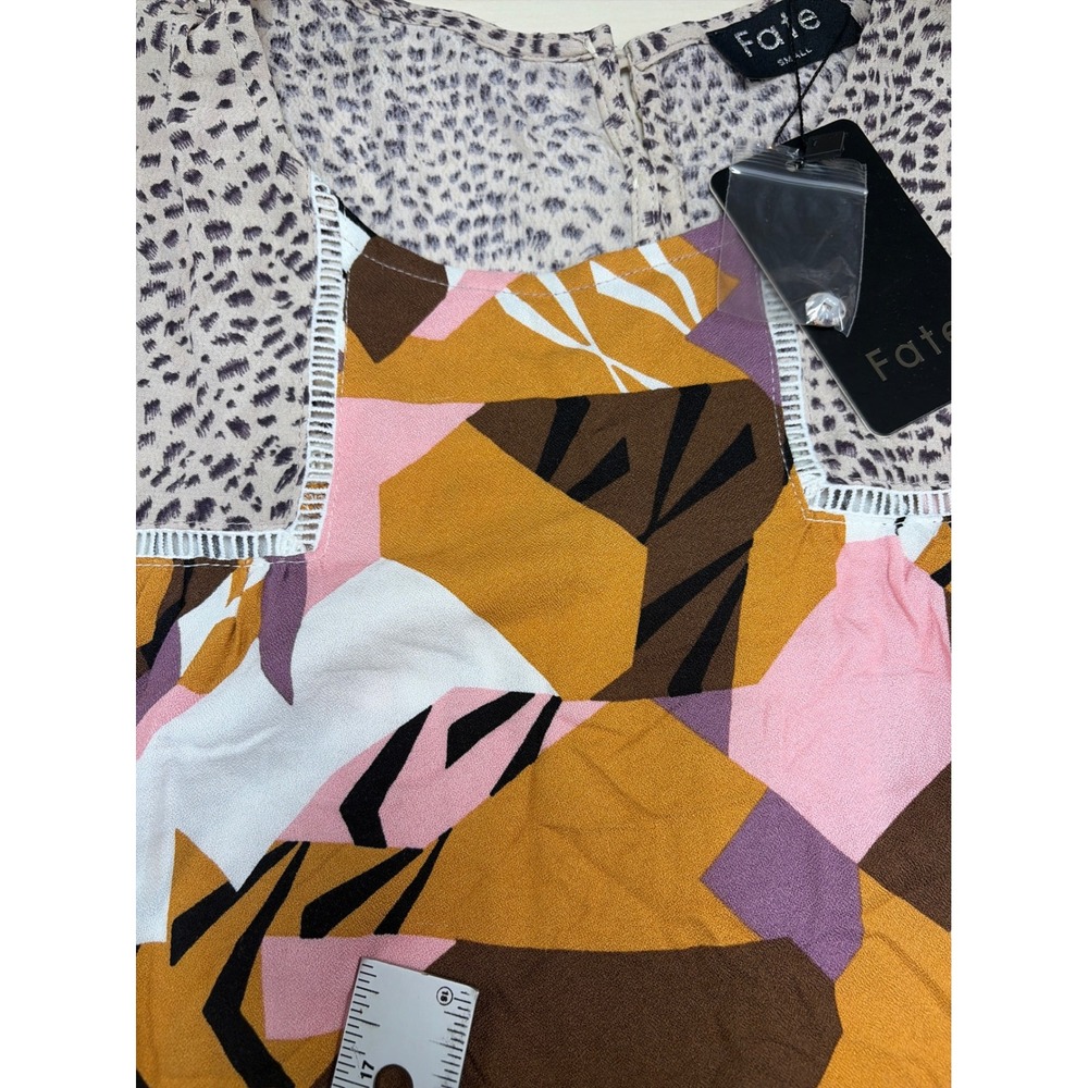 Fate Mixed Print Geometric Animal Print Blouse Mustard Mauve Small NWT - Picture 5 of 8